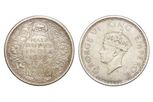 British India, George VI, 1/2 Rupee, Silver, 1939