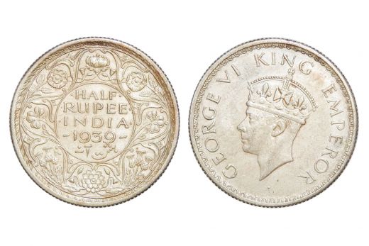 british india, george vi, 1/2 rupee, silver, 1939