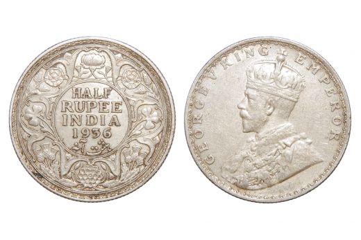 British India, George V, 1/2 Rupee, Silver, 1936