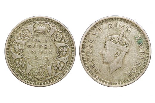 British India, George VI, 1/2 Rupee, Silver, 1943