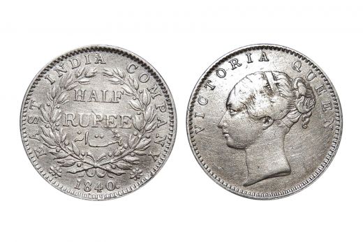 British India, Victoria Queen , 1/2 Rupee, Silver, 1840