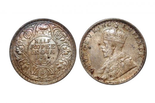 British India, George V , 1/2 Rupee, Silver, 1916