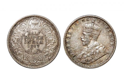 British India, George V , 1/2 Rupee, Silver, 1917