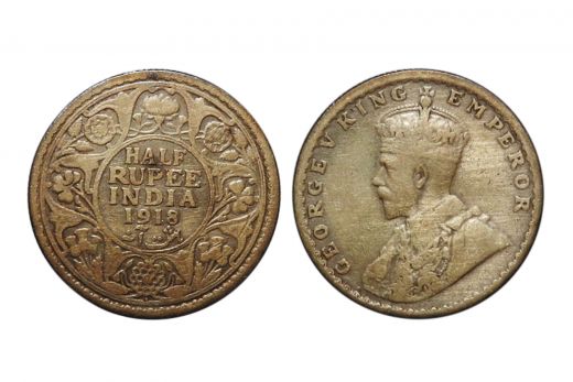 British India, George V , 1/2 Rupee, Silver, 1918
