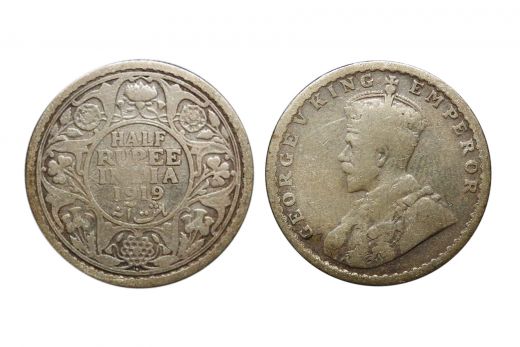 British India, George V , 1/2 Rupee, Silver, 1919