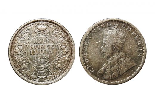 British India, George V , 1/2 Rupee, Silver, 1921