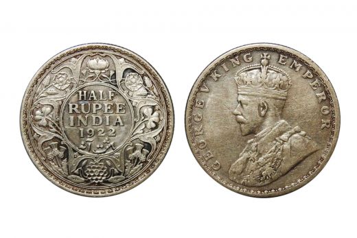 British India, George V , 1/2 Rupee, Silver, 1922
