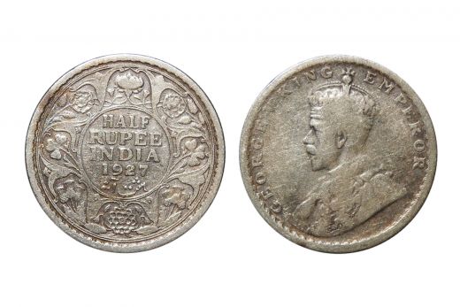 British India, George V , 1/2 Rupee, Silver, 1927