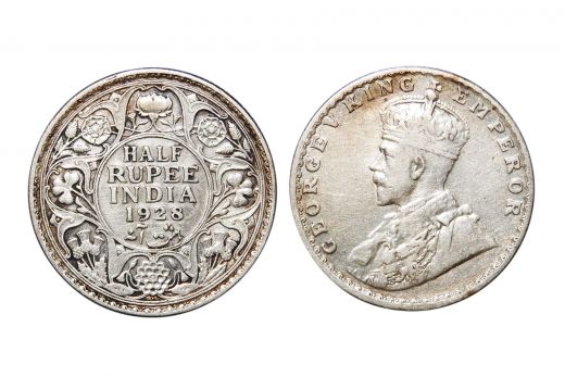 British India, George V , 1/2 Rupee, Silver, 1928