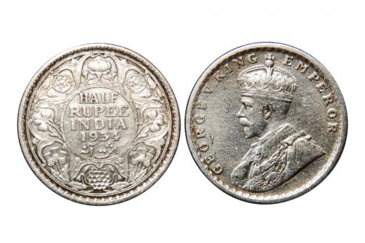 British India, George V , 1/2 Rupee, Silver, 1934