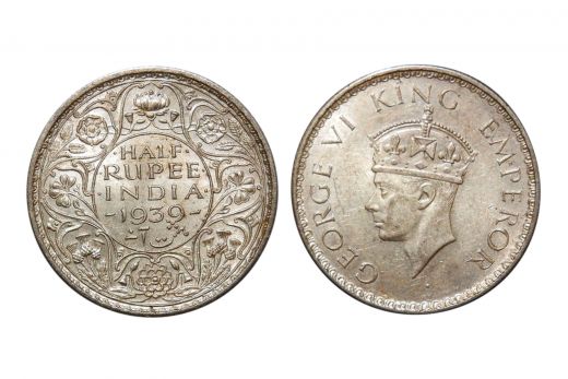 British India, George VI , 1/2 Rupee, Silver, 1939