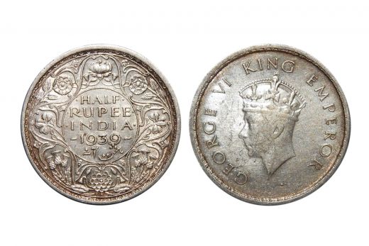 British India, George VI , 1/2 Rupee, Silver, 1939