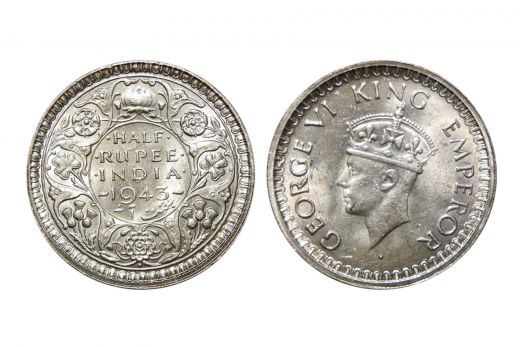 British India, George VI , 1/2 Rupee, Silver, 1943
