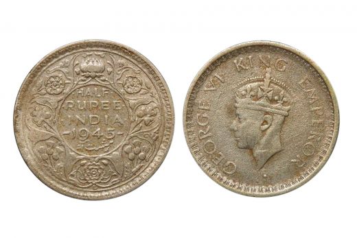 British India, George VI , 1/2 Rupee, Silver, 1945