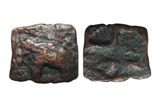 Sangam Age, Cheras, Copper Unit,2.6 grms

Obv: Elephant to right

Rev: Bow & arrow