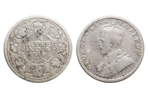 British India, George V, 1/4 Rupee, Silver, 1919