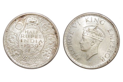 British India, George VI, 1/2 Rupee, Silver, 1939